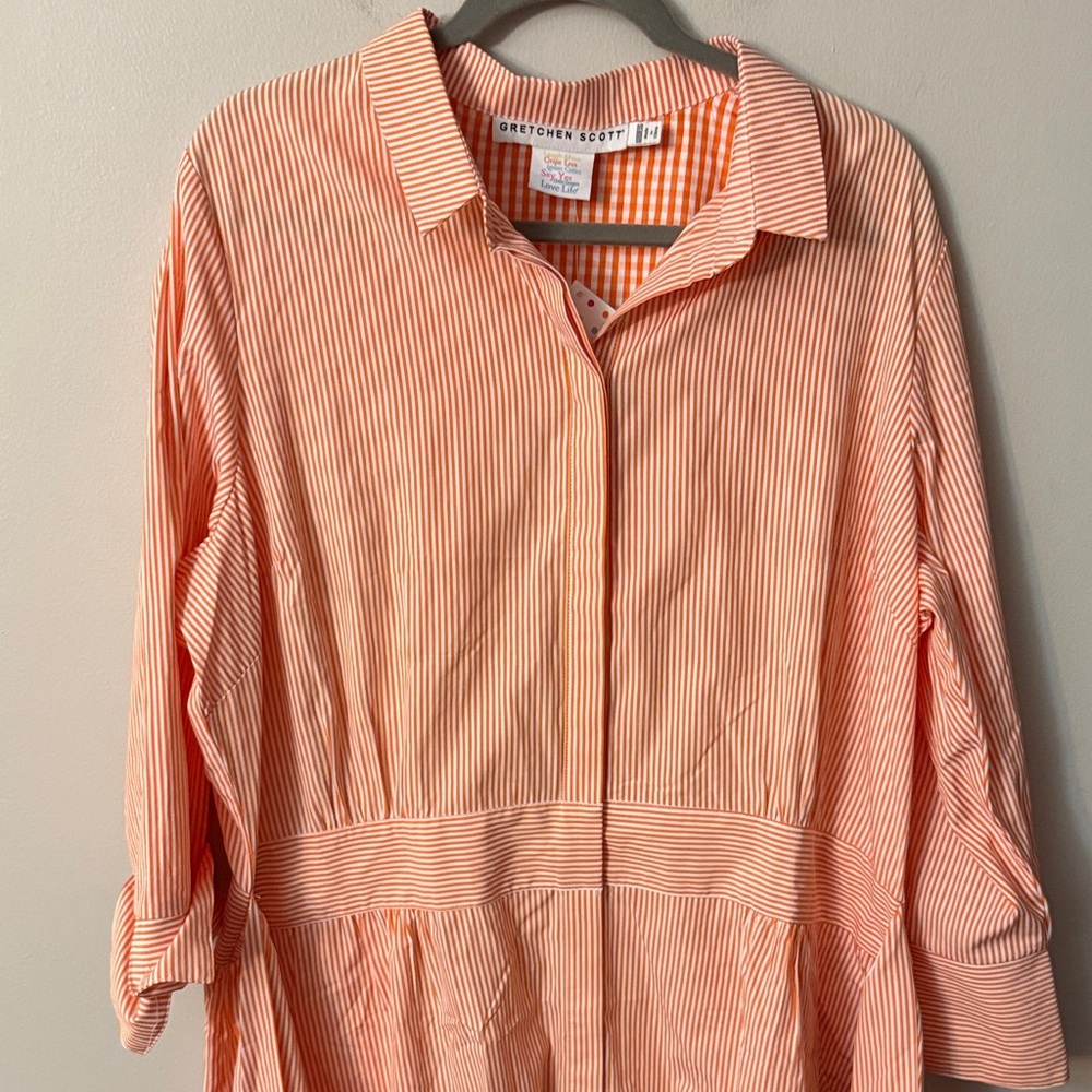 Gretchen Scott Coral Striped Goddess Shirt Dress w/ waist tie Oversized 2XL NWT